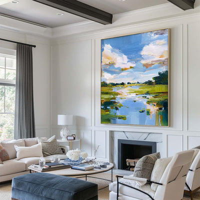 Modern Blue Lake Landscape Painting Large Pond Oil Painting Blue Green Texture Abstract Wall Art