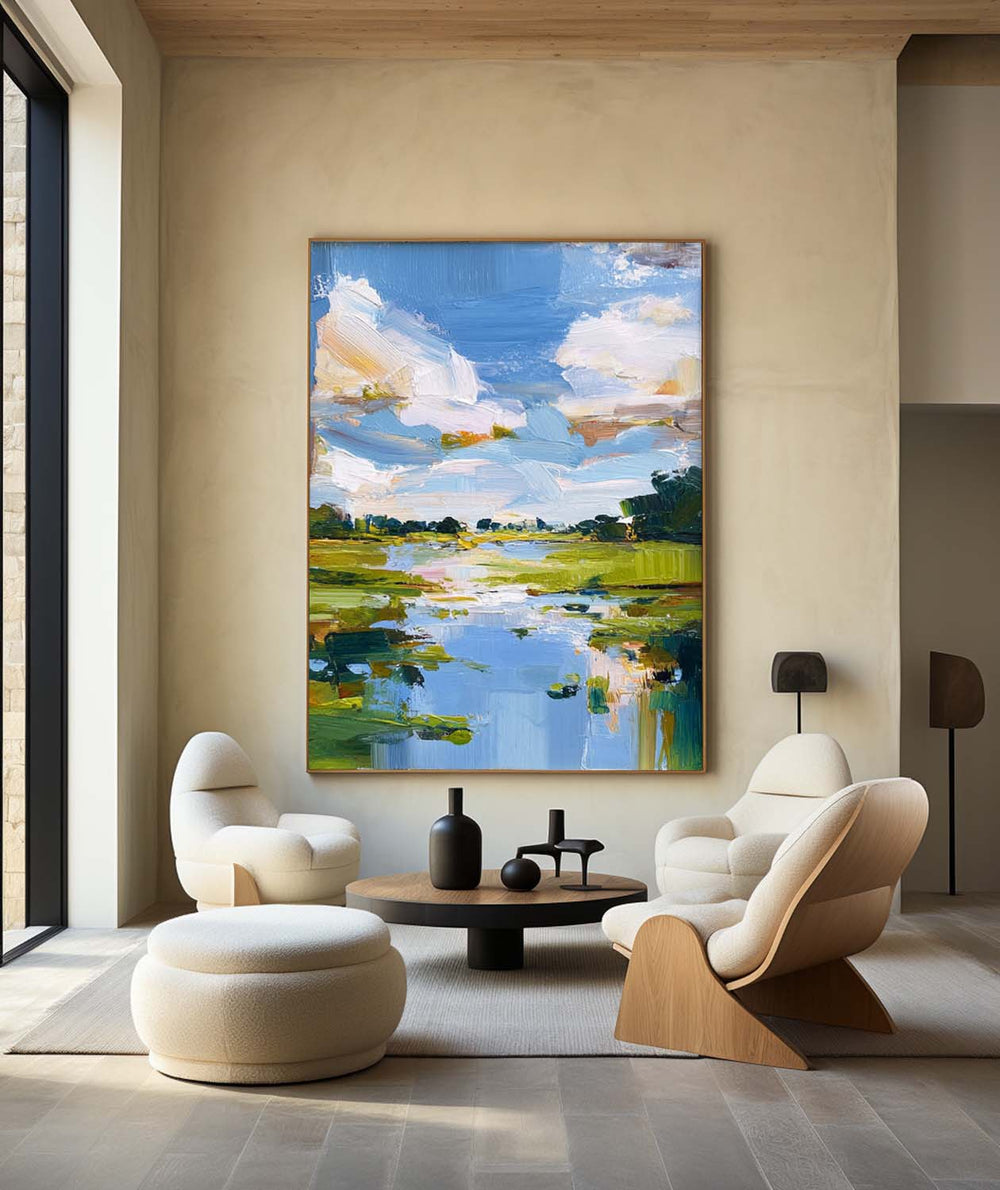 Modern Blue Lake Landscape Painting Large Pond Oil Painting Blue Green Texture Abstract Wall Art