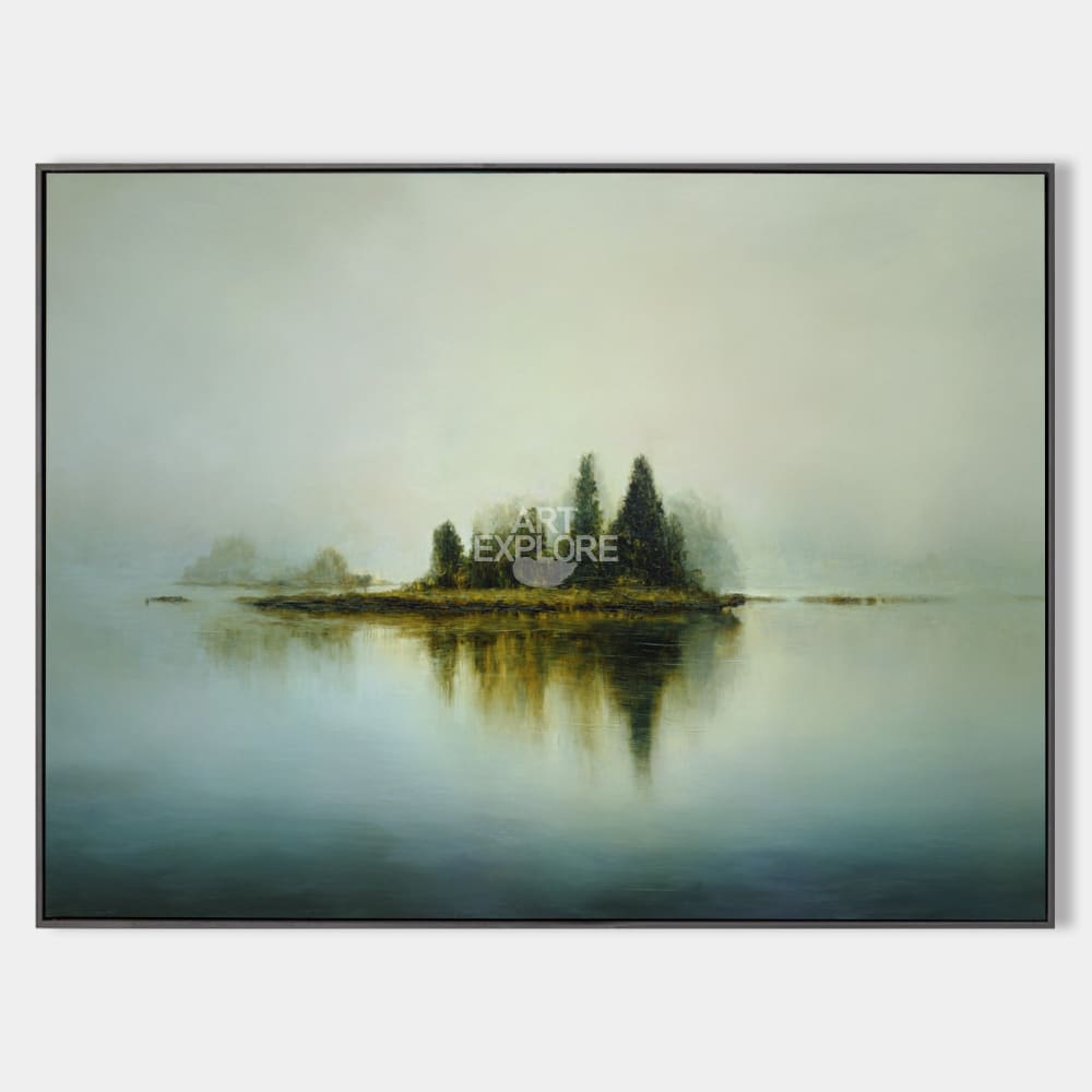 Modern Blue Lake Reflection Painting | Large Minimalist Landscape Art For Livingroom | ArtExplore