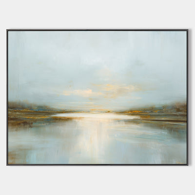 Modern Blue Lake Sunrise Oil Painting Large Serene Sunrise Lake Wall Art Minimalist Art by ArtExplore