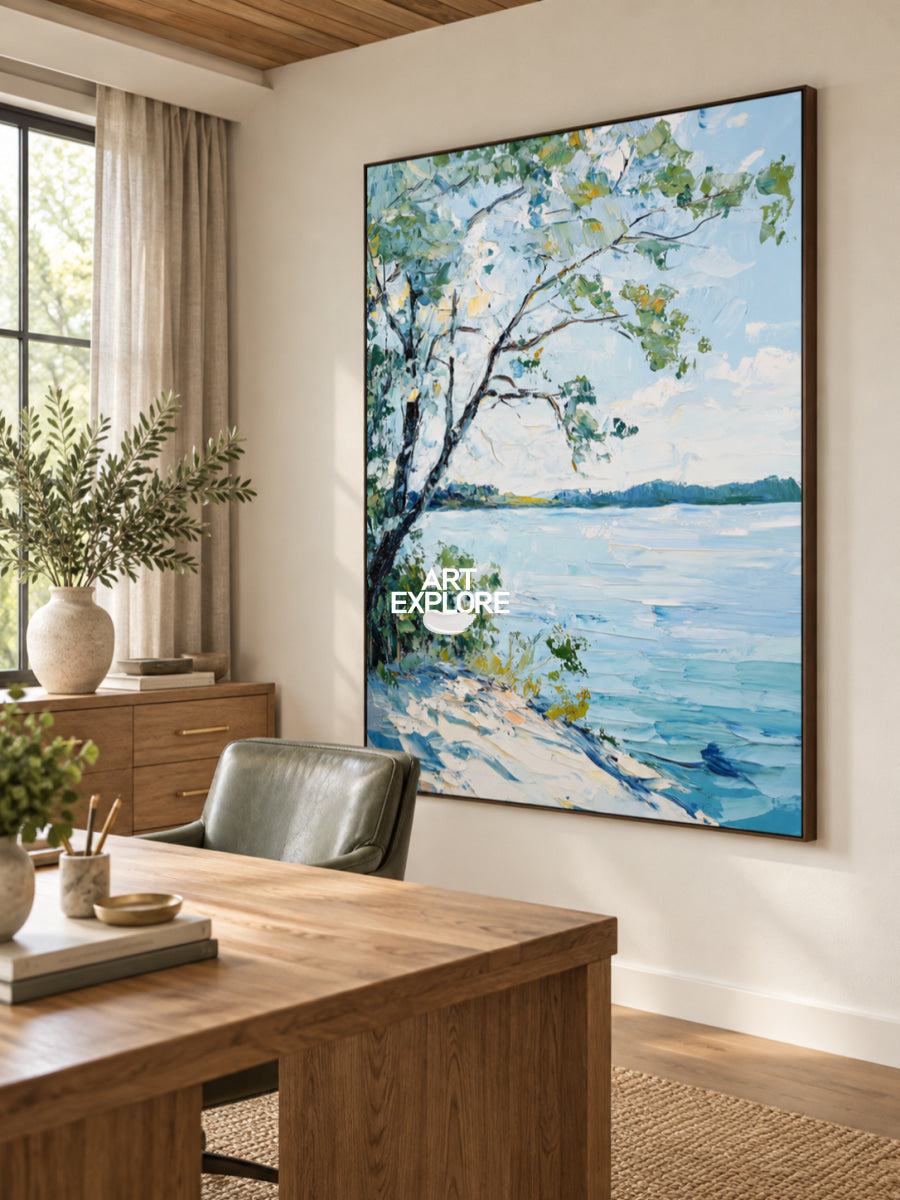 Modern Blue Lake View Painting Palette Knife Painting Large Landscape Blue Textured Lake Wall Art