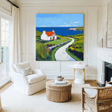 Large Blue Landscape Wall Art Modern Countryside View Textured Wall Art Landscape Painting For Sale