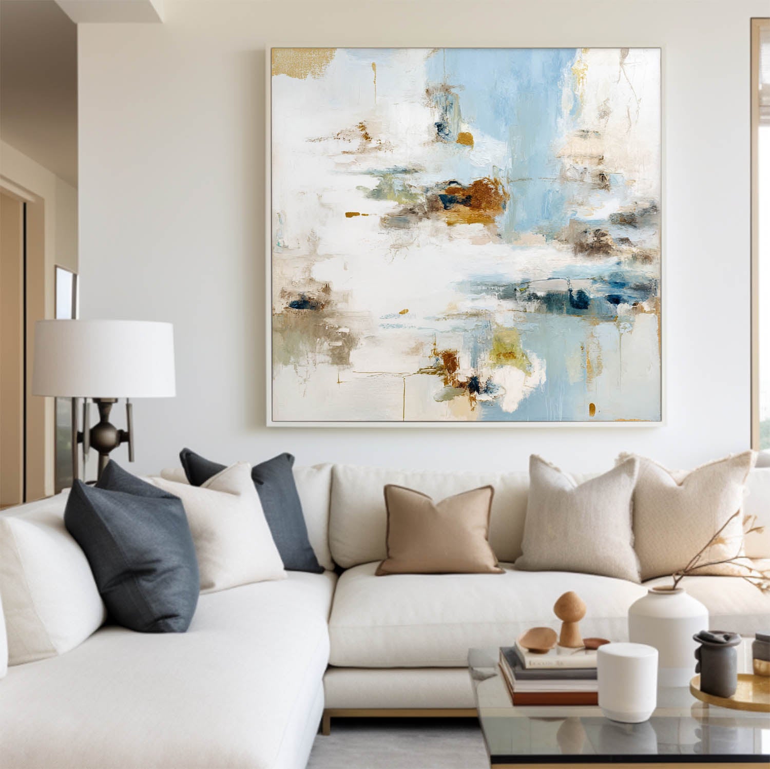 Modern Blue Landscape Wall Art – Large Handmade Minimalist Canvas for Living Room Decor