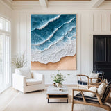Large Blue Ocean Wave Paintings Rich Texture Blue Sea Wall Art Handmade Sea Wave Wall Art For Sale