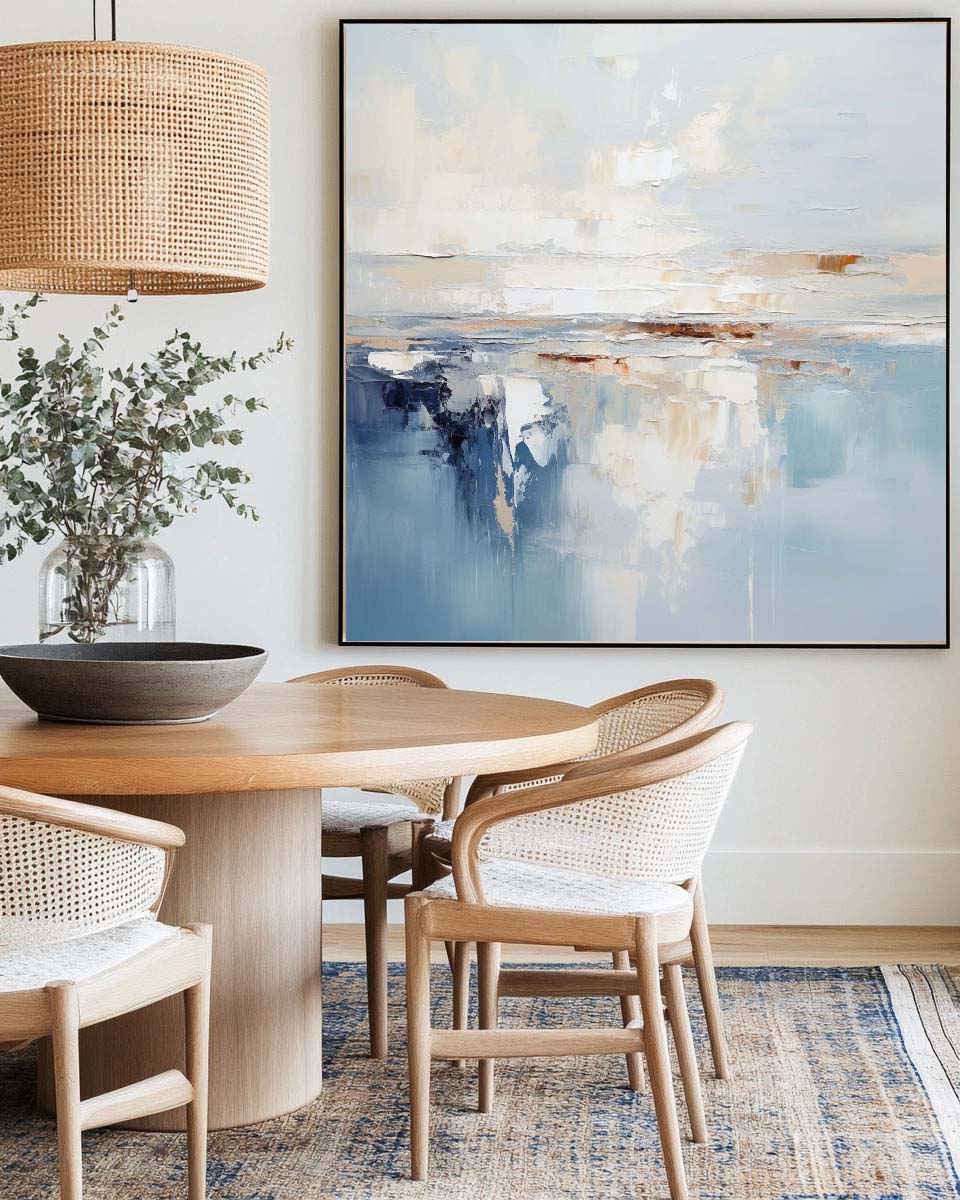 Modern Blue Palette Knife Painting For Livingroom Minimalist Wall Art Blue And White Framed Painting