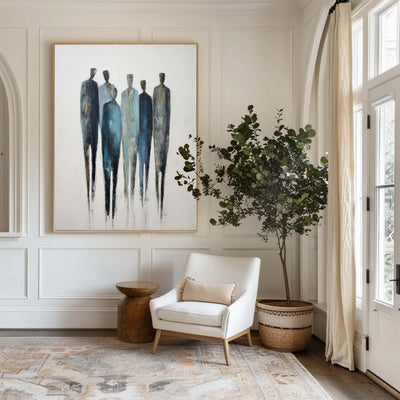 Modern Blue and Gray Abstract Figure Art – Textured Canvas for Spacious Home Walls