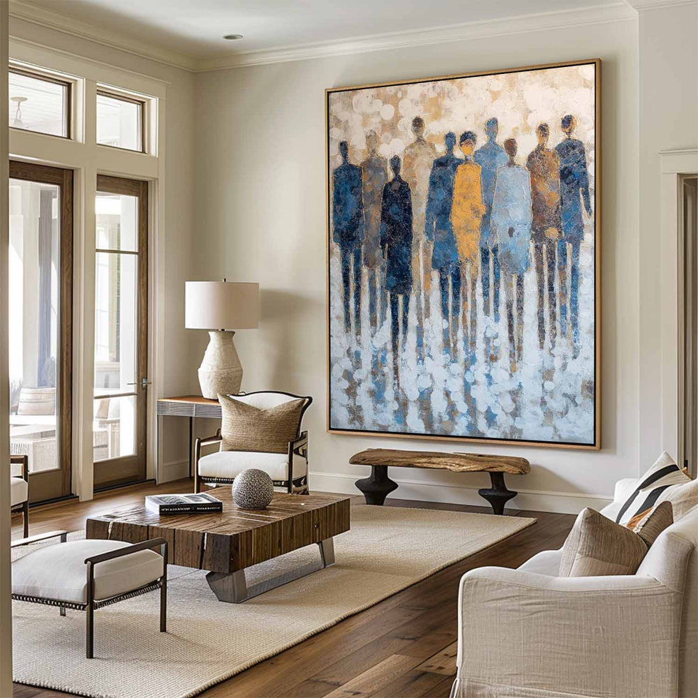 Modern Boho Wall Art for Large Space – Abstract Blue and Beige Canvas Painting with Rich Texture for Minimal Decor