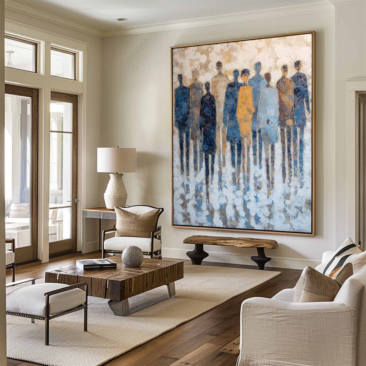 Modern Boho Wall Art for Large Space – Abstract Blue and Beige Canvas Painting with Rich Texture for Minimal Decor