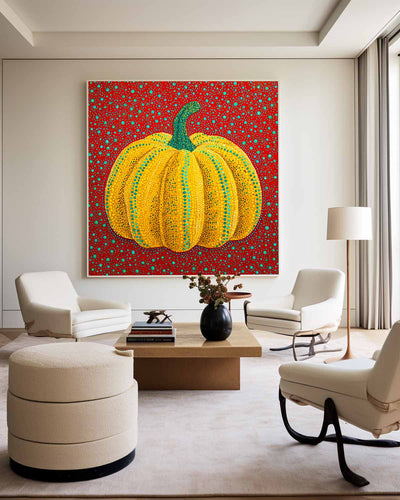 Modern Bold Color Pumpkin Wall Art Yayoi Kusama Painting, Large Pumpkin Painting for Living Room