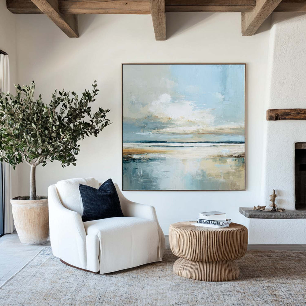 Modern Coastal Vibes – ArtExplore’s Oversized Handmade Blue Landscape Oil Painting for Large Space Wall Styling