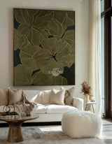 Modern Dark Green Floral Texture Painting, Large Wabi-Sabi Wall Decor | ArtExplore