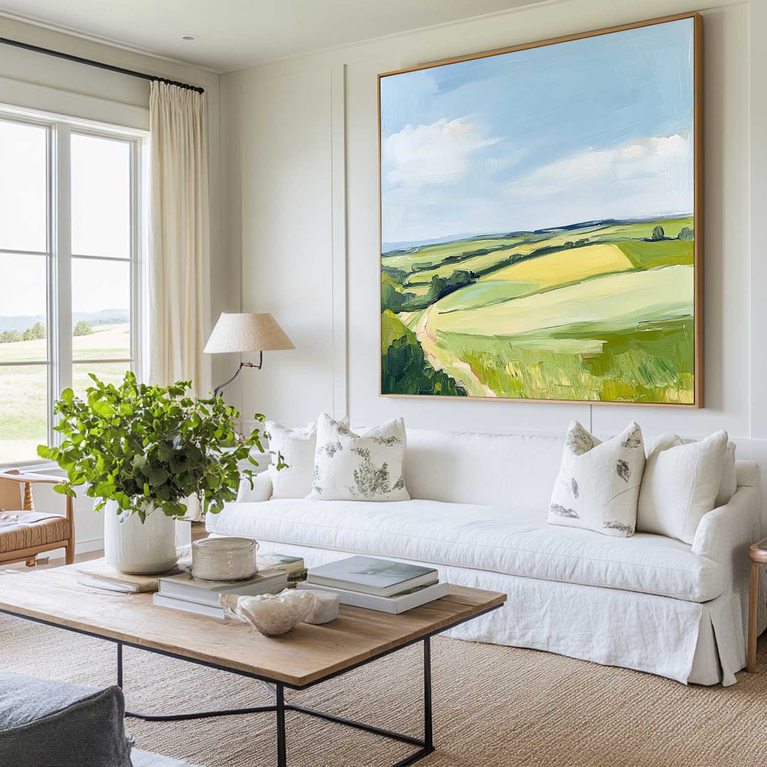 Modern Green Field Wall Art Country Painting Rural Textured Wall Art Field View Canvas Art For Sale