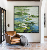 Green Lotus Oil Painting Green Pond Textured Artworks Large Green Abstract Canvas Art For Livingroom