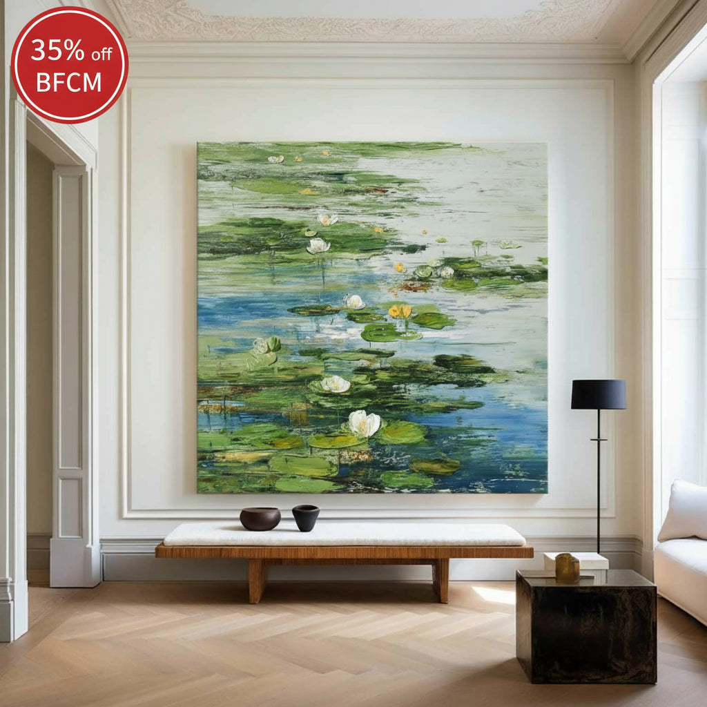 Modern Green Lotus Painting on Canvas for Large Space Decor, Minimalist Wall Art | ArtExplore