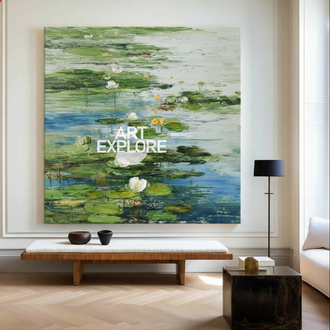 Modern Green Lotus Painting on Canvas for Large Space Decor, Minimalist Wall Art | ArtExplore