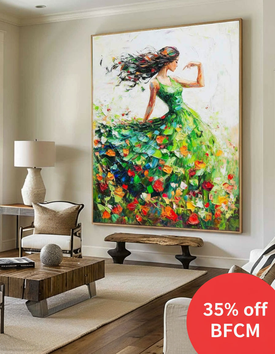 Large Green Painting Of Dancing Girl Ballerina Dancing Wall Art Large Green Texture Wall Paintings