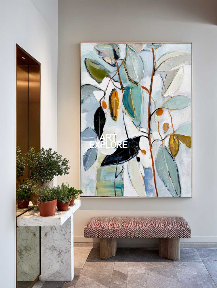 Modern Hand-Painted Eucalyptus Abstract Thin Branch Wall Art