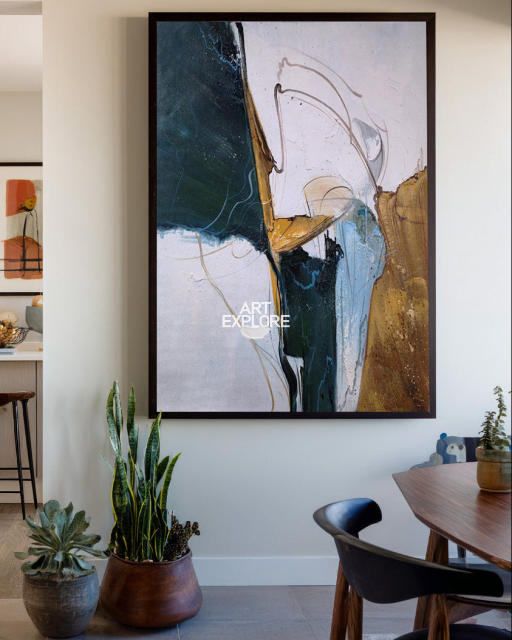 Modern Handmade Abstract Oil Painting | Textured Green Gold Canvas | ArtExplore