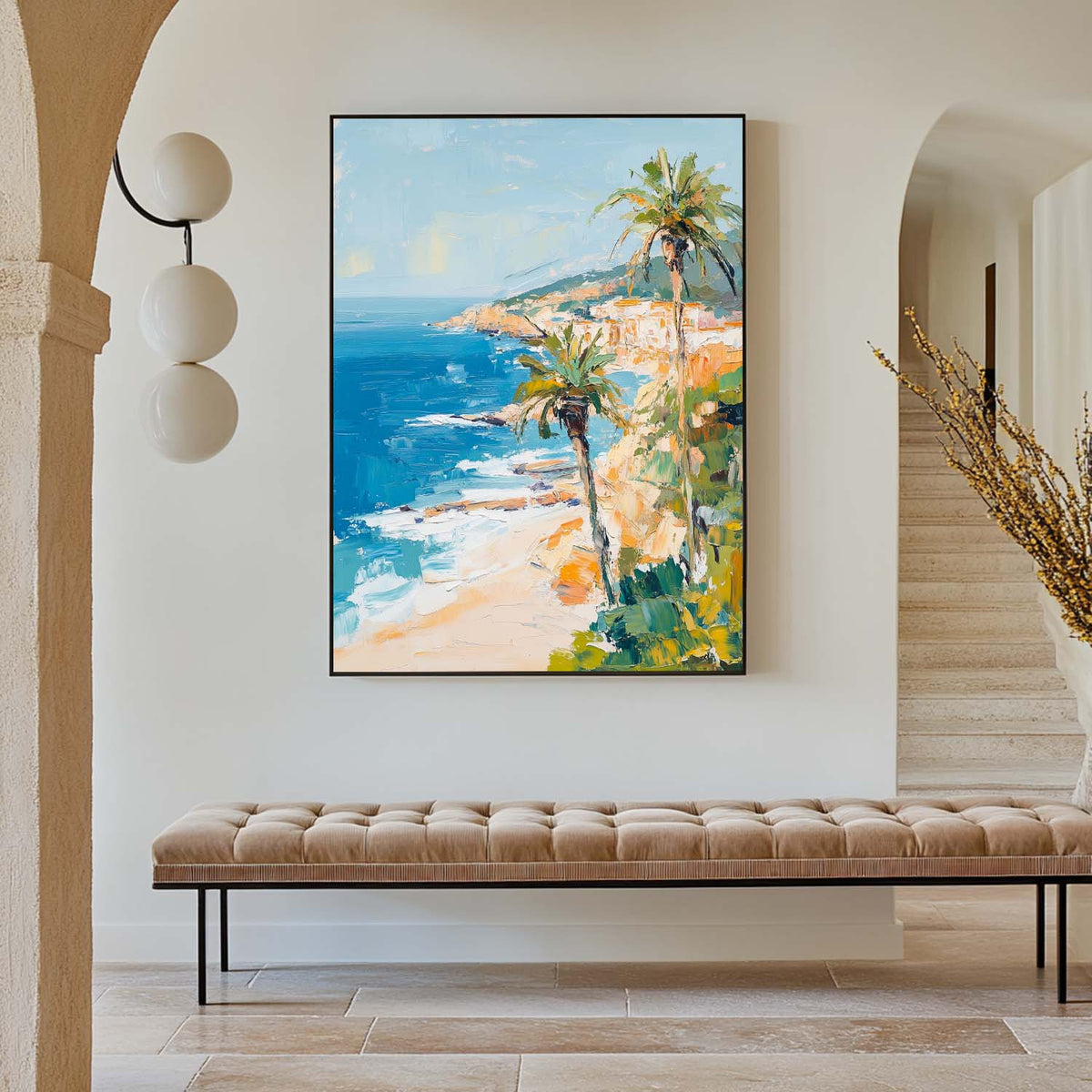 Modern Hawaiian Landscape Painting Palm Beach Wall Painting Blue Textured Seaside Wall Art for Sale