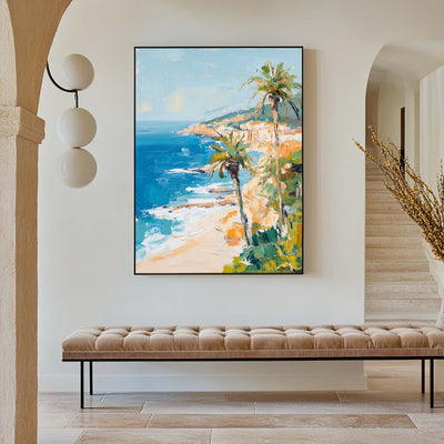 Modern Hawaiian Landscape Painting Palm Beach Wall Painting Blue Textured Seaside Wall Art for Sale