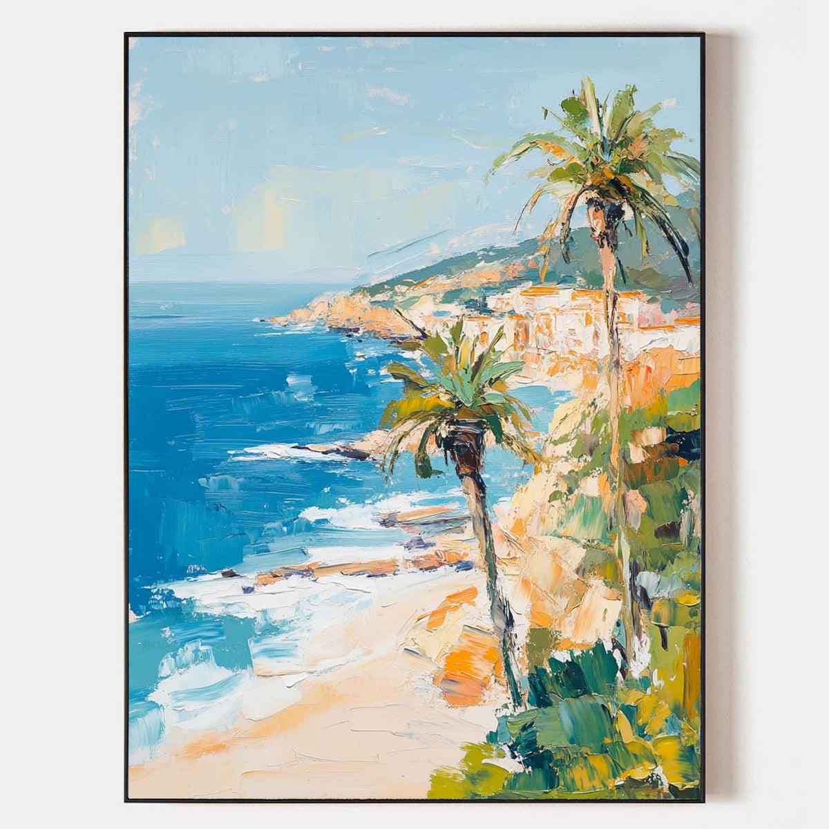 Modern Hawaiian Landscape Painting Palm Beach Wall Painting Blue Textured Seaside Wall Art for Sale