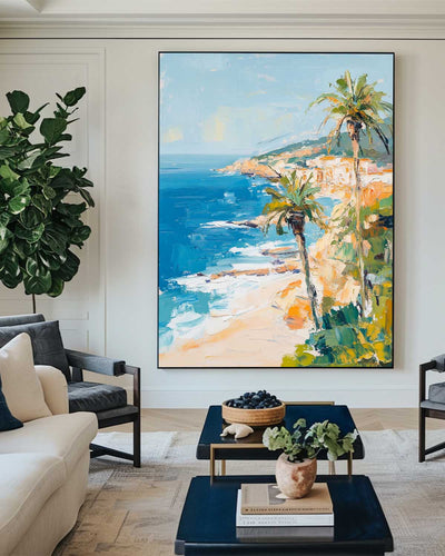 Modern Hawaiian Landscape Painting Palm Beach Wall Painting Blue Textured Seaside Wall Art for Sale