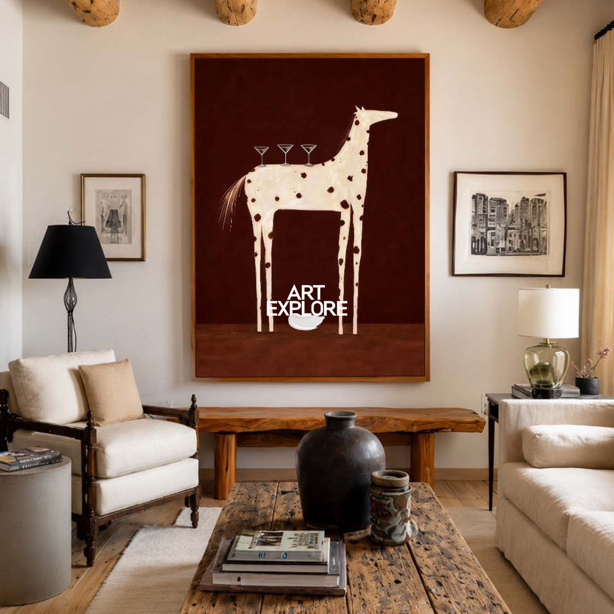 Original Folk Art Horse Painting With Martini Glasses For Dining Room Wall Decor