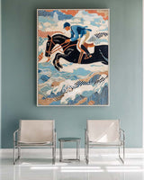 Modern Horse Riding Art | Large Blue Textured Equestrian Oil Canvas | ArtExplore