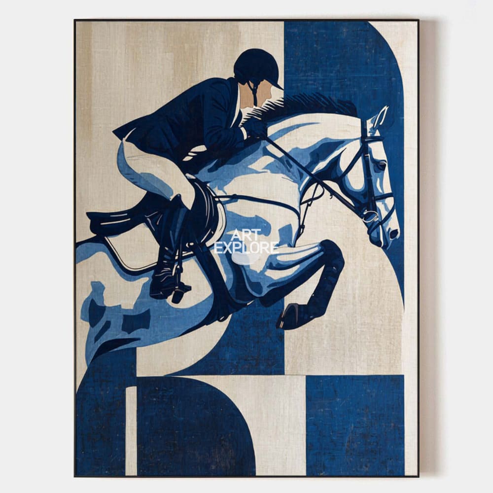 Modern Horse Riding Oil Painting | Navy Equestrian Blue Textured Wall ...