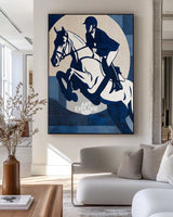 Modern Horse Riding Wall Art | Navy Blue Minimalist Oil Canvas Wall Art | ArtExplore