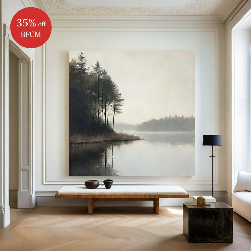 Large Lake Scenery Painting Textured Landscape Lake Canvas Wall Art Black White Painting For Sale
