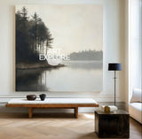 Large Lake Scenery Painting Textured Landscape Lake Canvas Wall Art Black White Painting For Sale