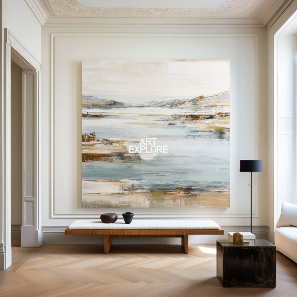 Modern Lake View Wall Art | Large Handmade Beige Blue Canvas ArtExplore