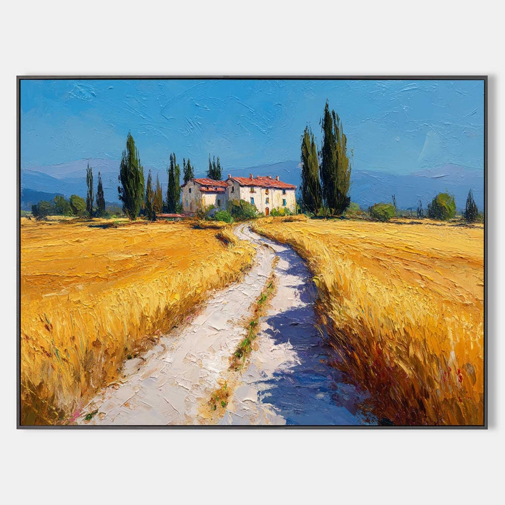 Modern Landscape Wall Decor Art – Golden Wheat Fields and Rich Textured Countryside Path Painting