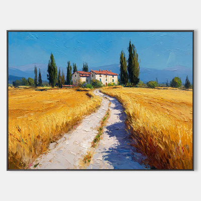 Modern Landscape Wall Decor Art – Golden Wheat Fields and Rich Textured Countryside Path Painting