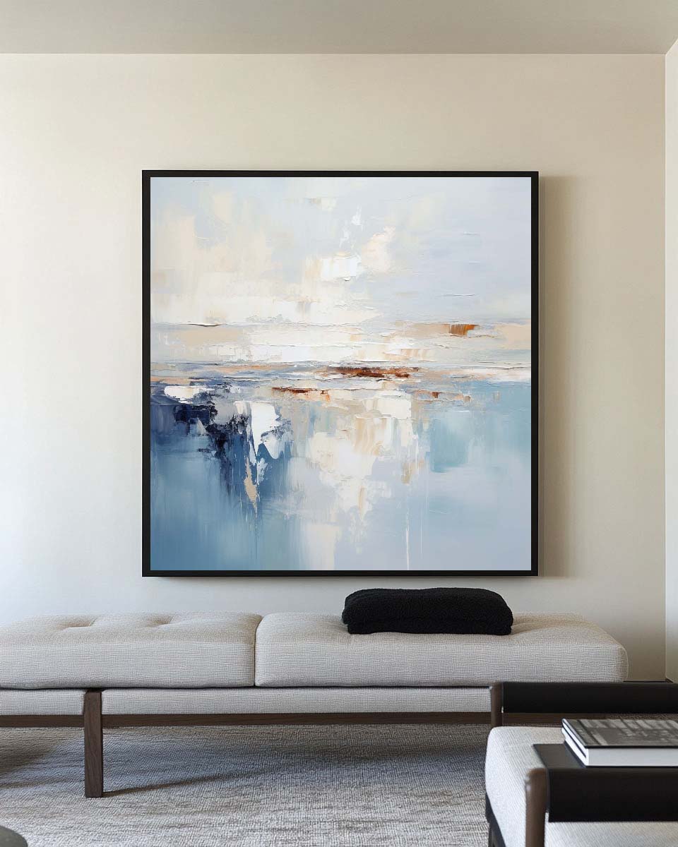 Modern Blue Palette Knife Painting For Livingroom Minimalist Wall Art Blue And White Framed Painting