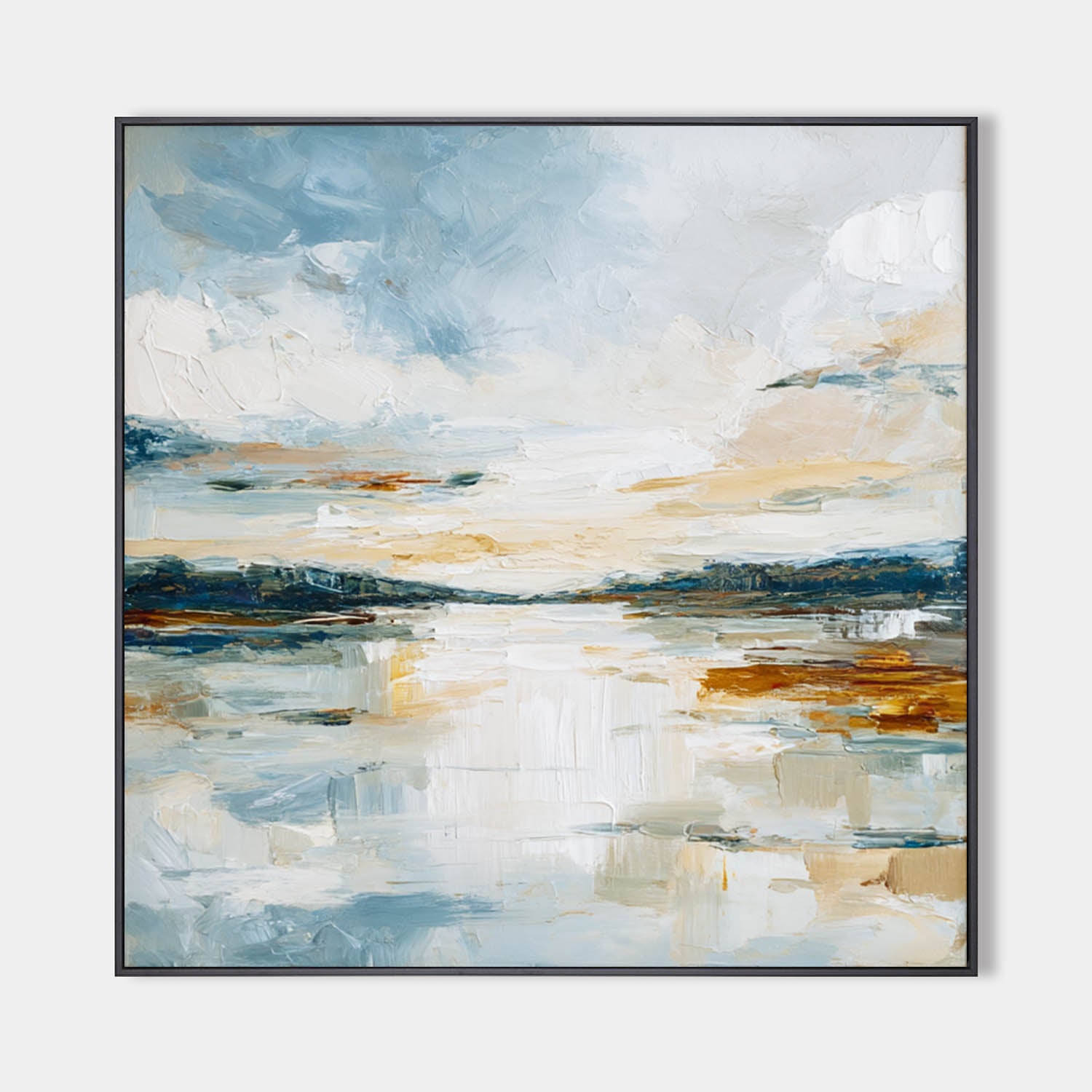 Modern Minimalist Landscape Painting – Large Blue Seascape Canvas Wall Art for Living Room, Lounge