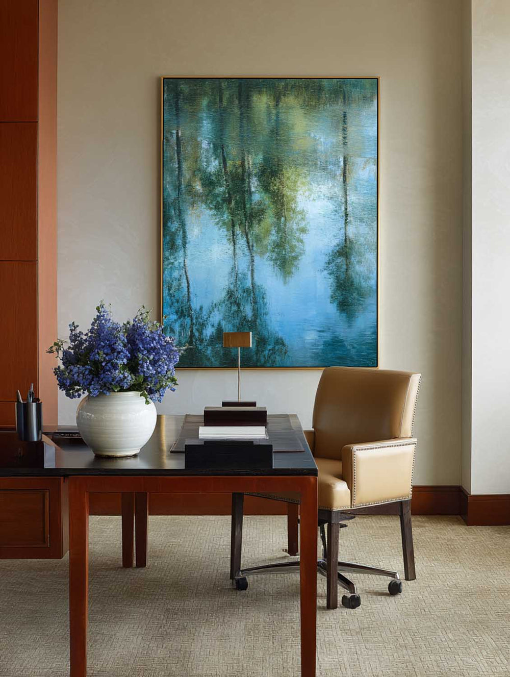 Modern Minimalist Wall Art – Textured Green Reflection Oil Painting on Vertical Canvas