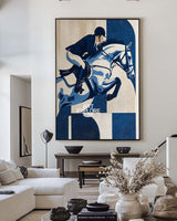 Modern Navy Equestrian Wall Art | Textured Horse Riding Oil Canvas | ArtExplore