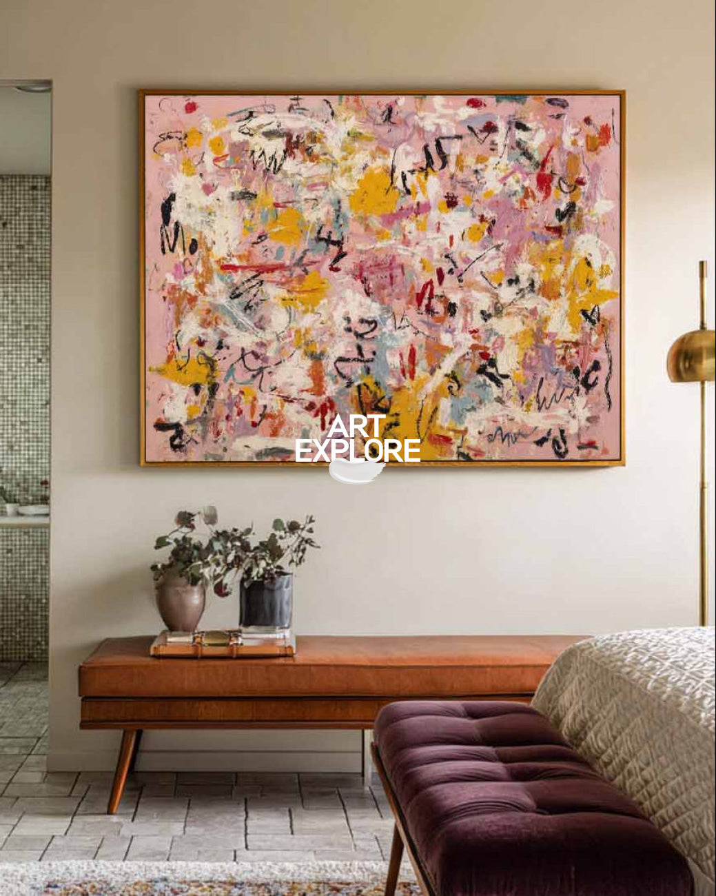 Modern Pink Panorama: Hand-Drawn Abstract Art for Large Suites