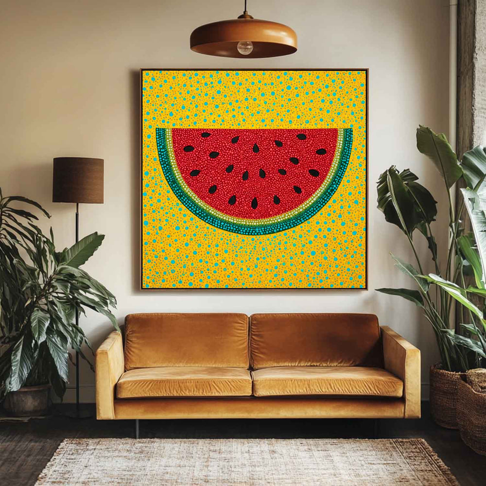 Modern Pop Art Watermelon Painting Handmade Fruit Wall Art Bright Yellow Red Artwork for Door Way