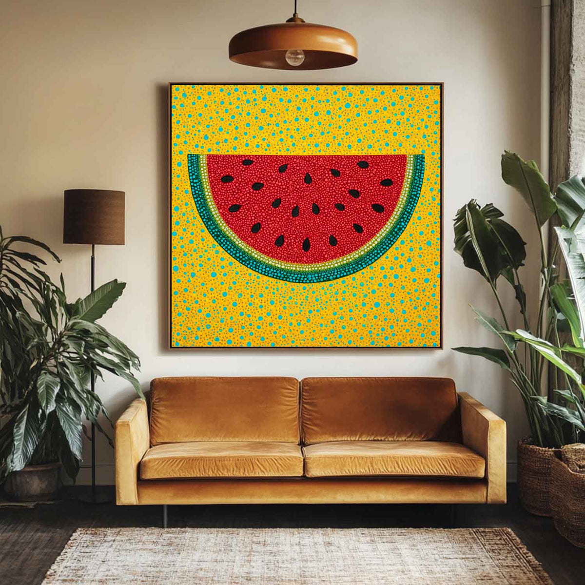 Modern Pop Art Watermelon Painting Handmade Fruit Wall Art Bright Yellow Red Artwork for Door Way