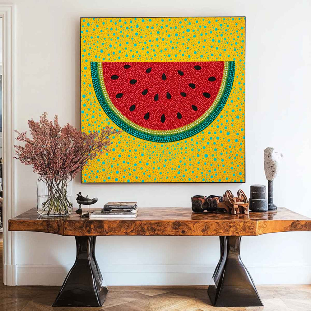 Modern Pop Art Watermelon Painting Handmade Fruit Wall Art Bright Yellow Red Artwork for Entry Way