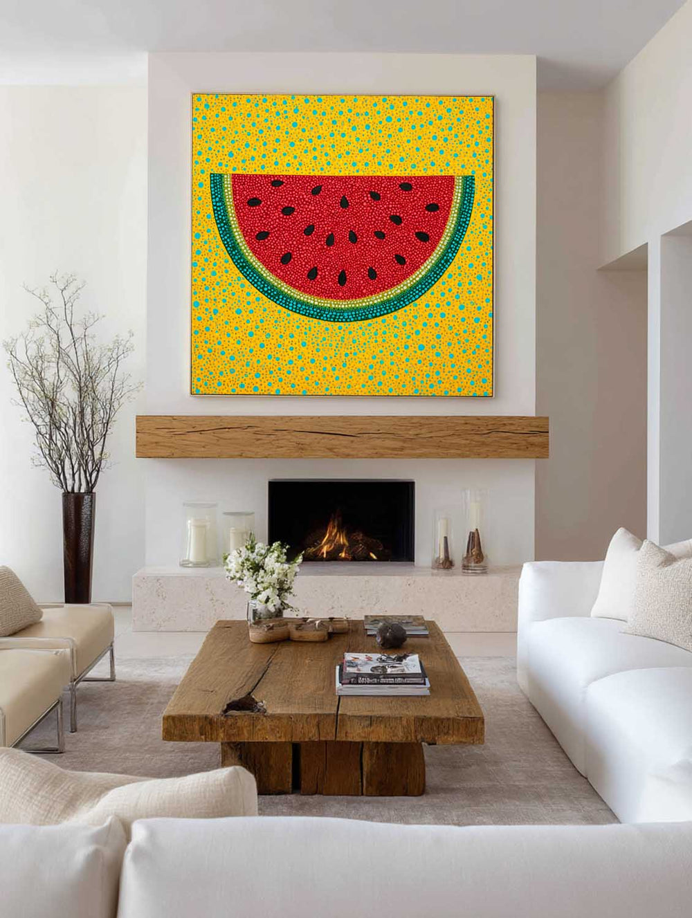 Modern Pop Art Watermelon Painting Handmade Fruit Wall Art Bright Yellow Red Artwork for Fireplace