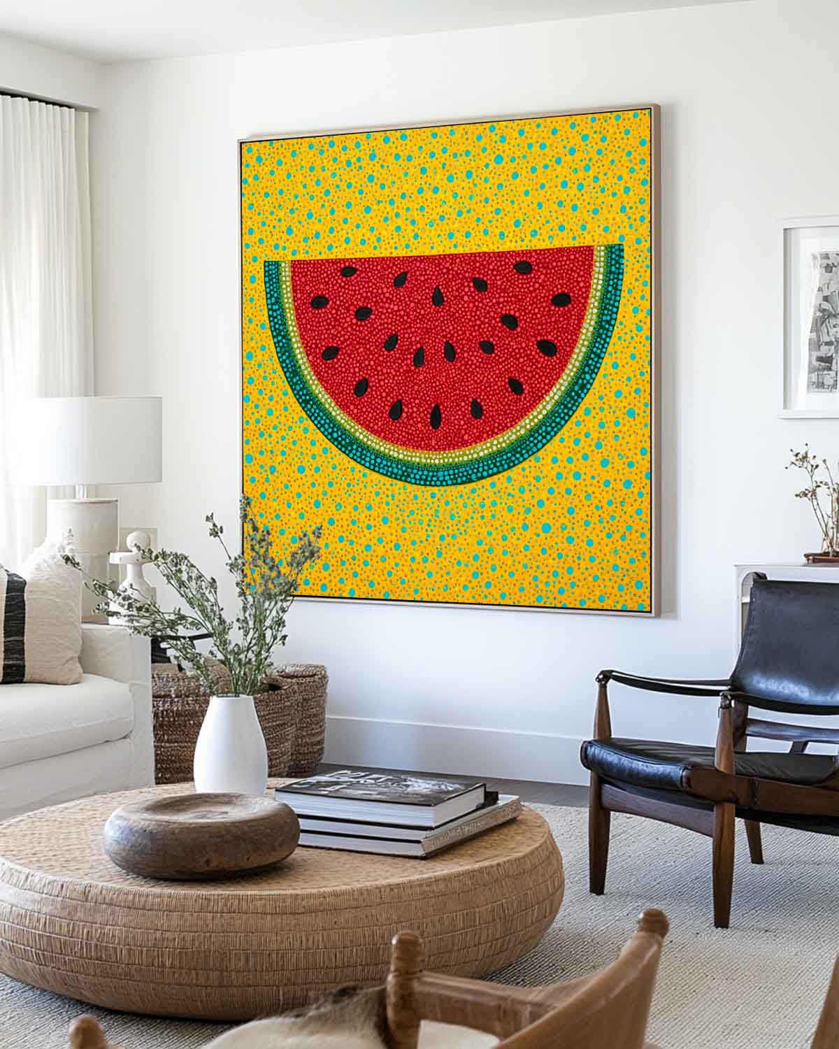 Modern Pop Art Watermelon Painting Handmade Fruit Wall Art Bright Yellow Red Artwork for Lounge