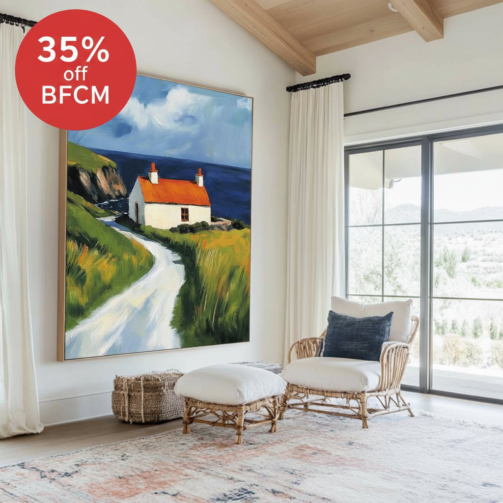Red Cabin View Wall Art Large Textured Field Scenery Wall Art Modern Fine Art Paintings for Sale