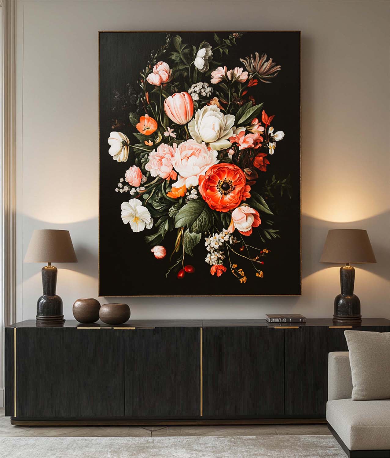 Modern Retro floral art Large pair of Baroque-style floral Flowers Impressionistic Painting For Sale