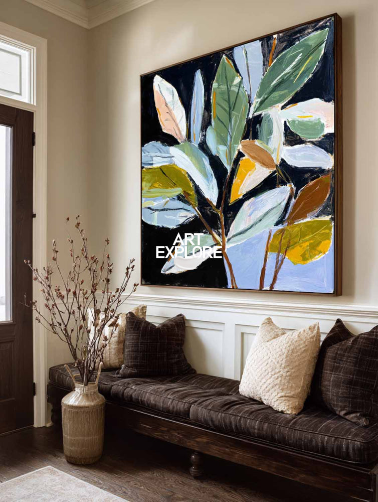 Modern Sage Green Leaf Painting Large Abstract Nature Canvas Art