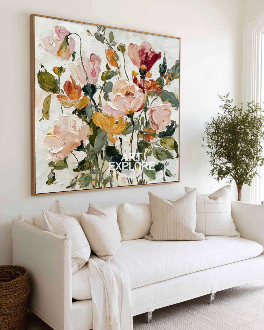 Modern Spring Flower Painting Square Textured Art for Large Spaces - ArtExplore