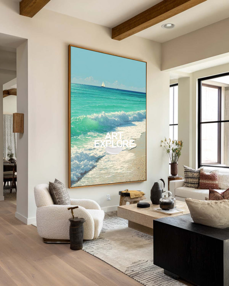 Modern Textured Beach Abstract Large Turquoise Water Statement Art